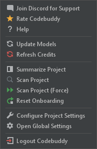 The Codebuddy panel settings menu in JetBrains
