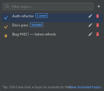 The conversation topics dropdown in JetBrains
