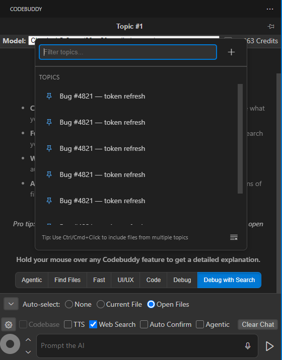 The conversation topics dropdown in VS Code